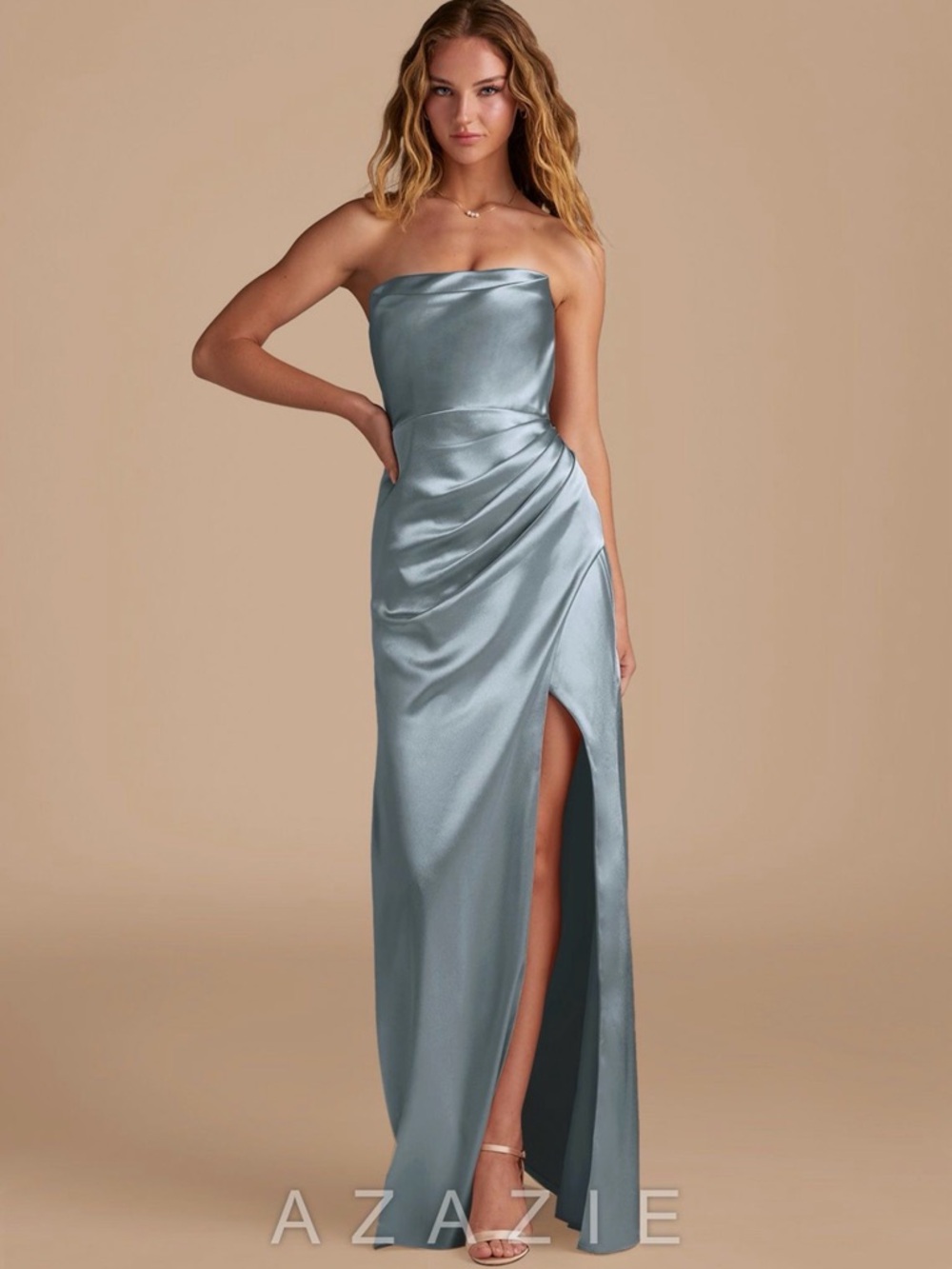 Azazie Strapless Satin Gown in Dusty Blue